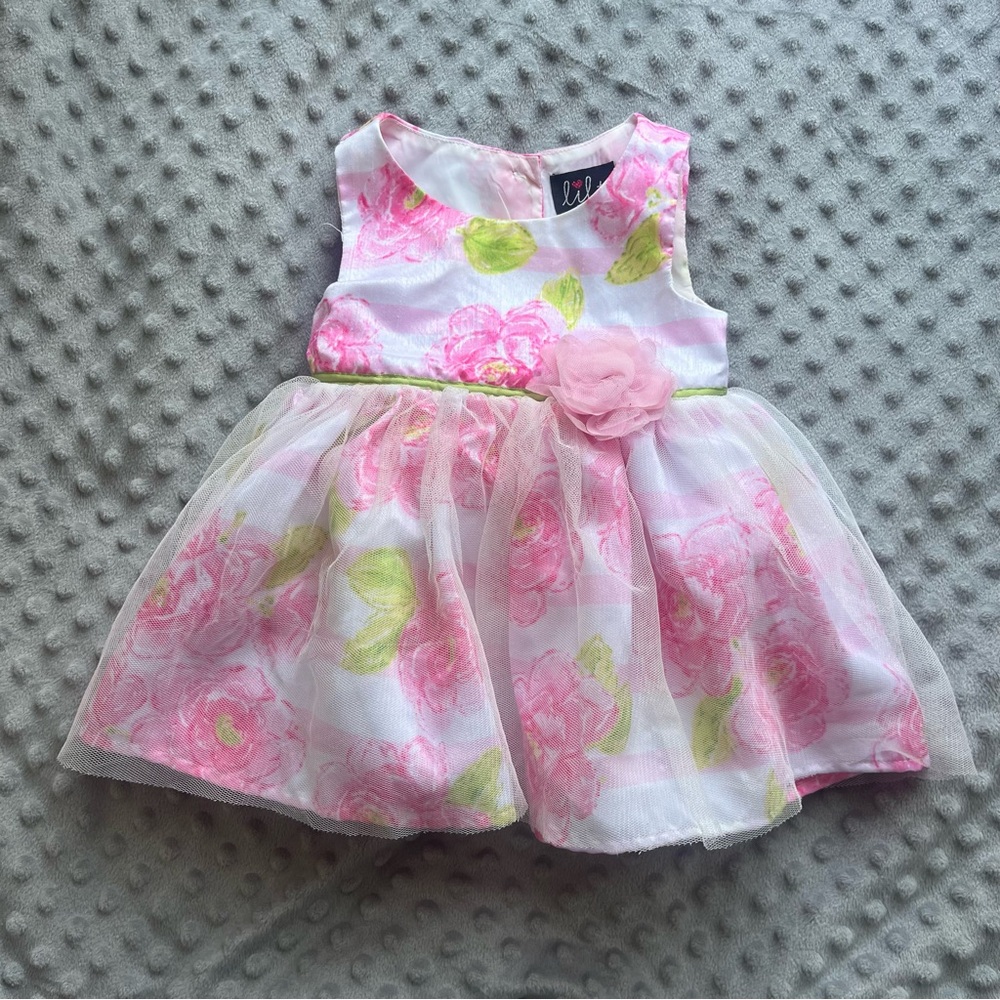 Lilt Floral Pink and White Baby Dress with tulle and flower size 3-6 months